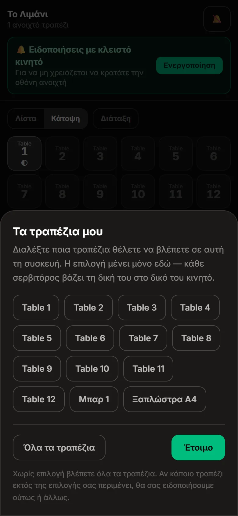 Το παράθυρο «Τα τραπέζια μου» με τα τραπέζια του καταστήματος