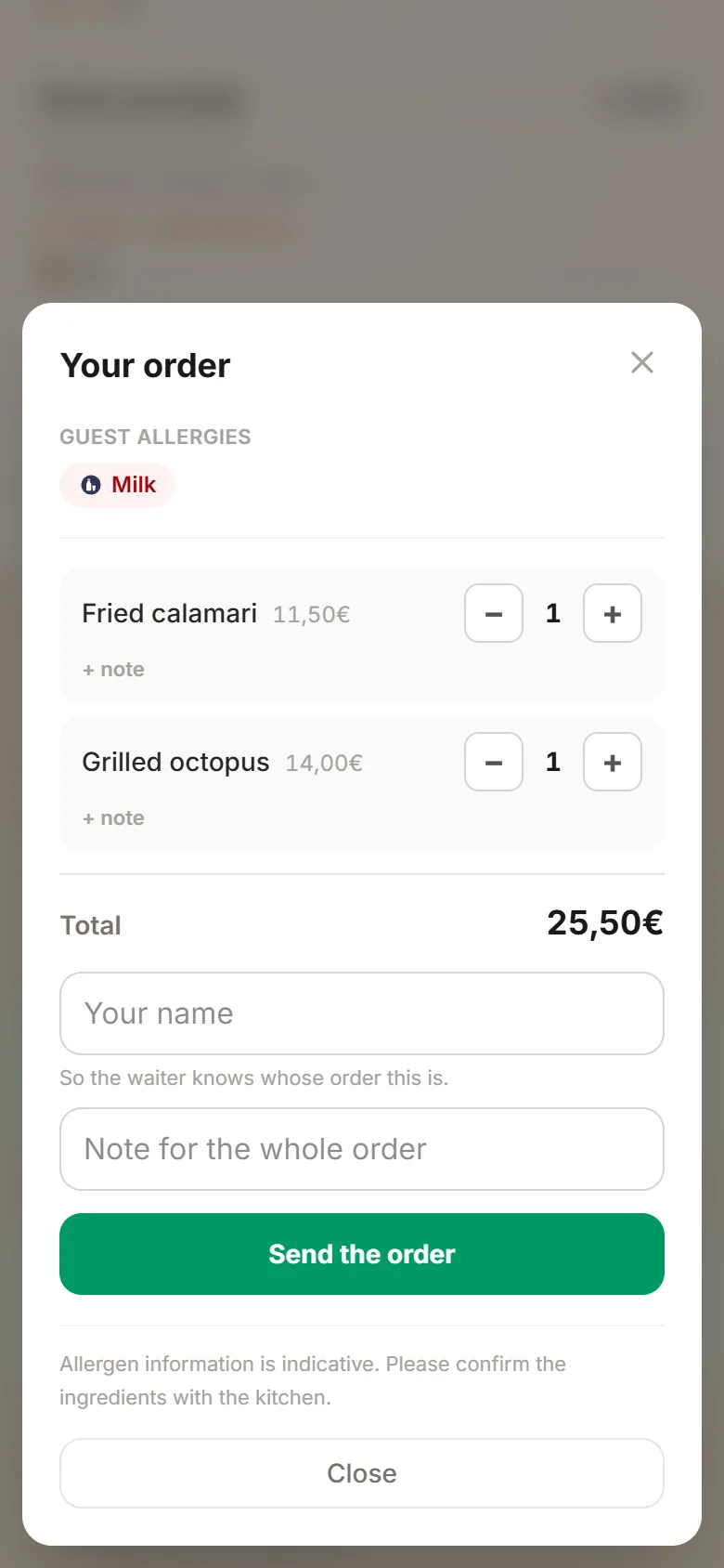 Το καλάθι παραγγελίας με ποσότητες, σύνολο, σημειώσεις και όνομα